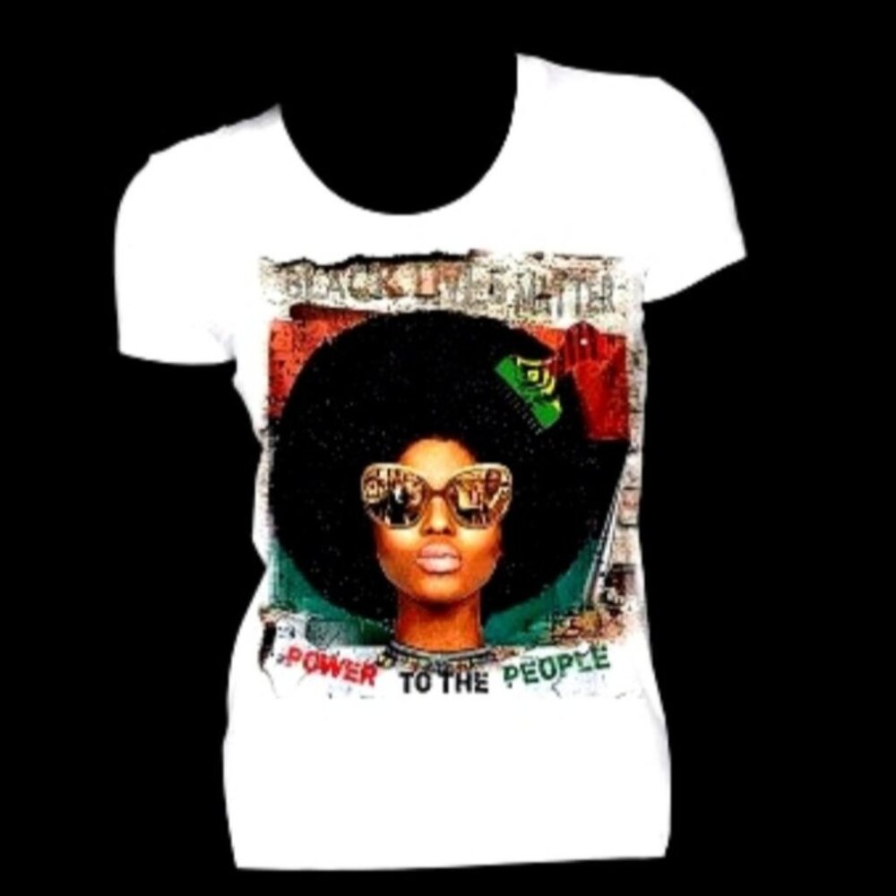 Afro Power To The People Fitted White Crew Neck Tshirt